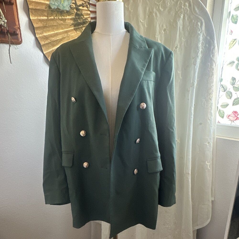 Ann Taylor Women’s Green Double-Breasted Long Lined Blazer Size 8 Polyester